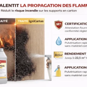 Ignicarton : carton non traité en flammes à côté d’un carton traité, et bidon Ignicarton